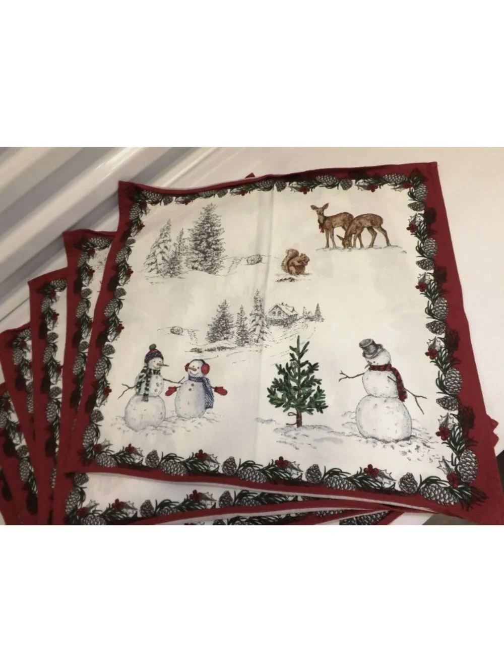 Williams Sonoma Winter Scene Cotton Napkins Set Of 6 Red & White Snowman & Deer